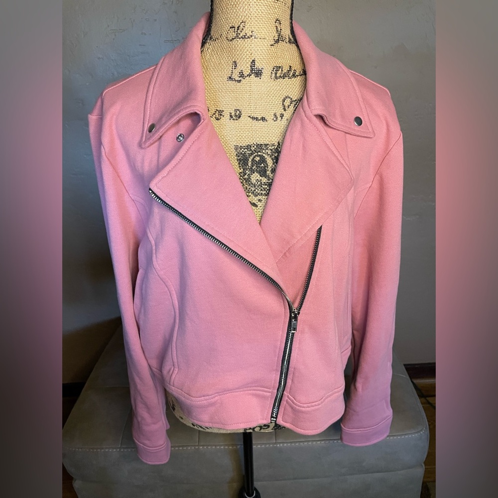 LuLaRoe Pink Moto style Jacket Asymmetrical Zipper has pockets Sz XL PTP 22.5”